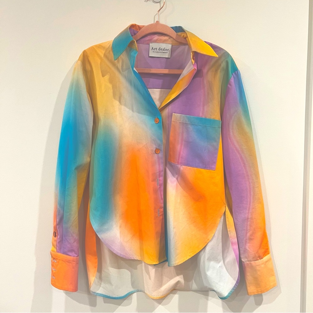 Art Dealer tie-dye cotton button-up shirt, multi-colored, orange and purple